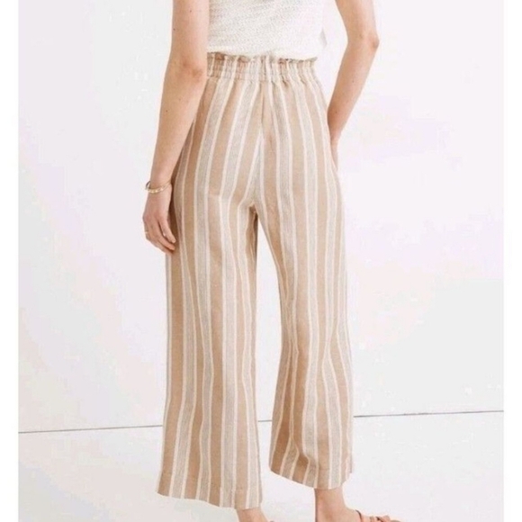 Madewell Smocked Hudson Pull On Crop Linen Striped Wide Leg Cropped Pants - Picture 2 of 8